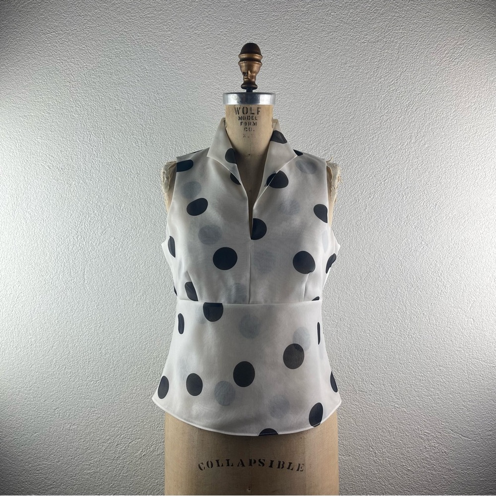 Talbots l 6 Retro Pure Silk Chiffon Large Polka Dot Pinup V-Neck Sash Tie Blouse